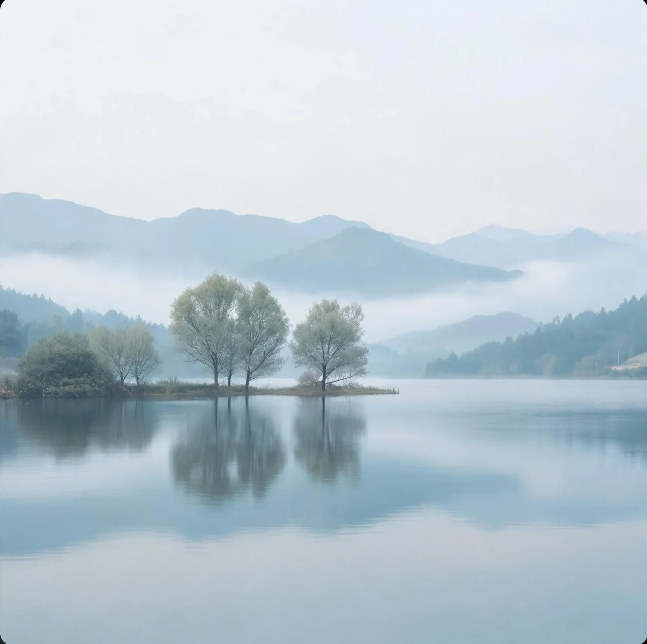 薄雾笼罩山间湖面，岸边几株树木与层叠远山一起映在水中。