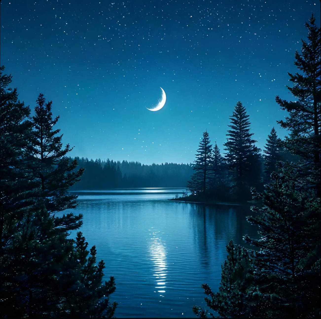弯月和星点悬在湖面上方，两岸针叶树林围出水面与一条月光倒影。