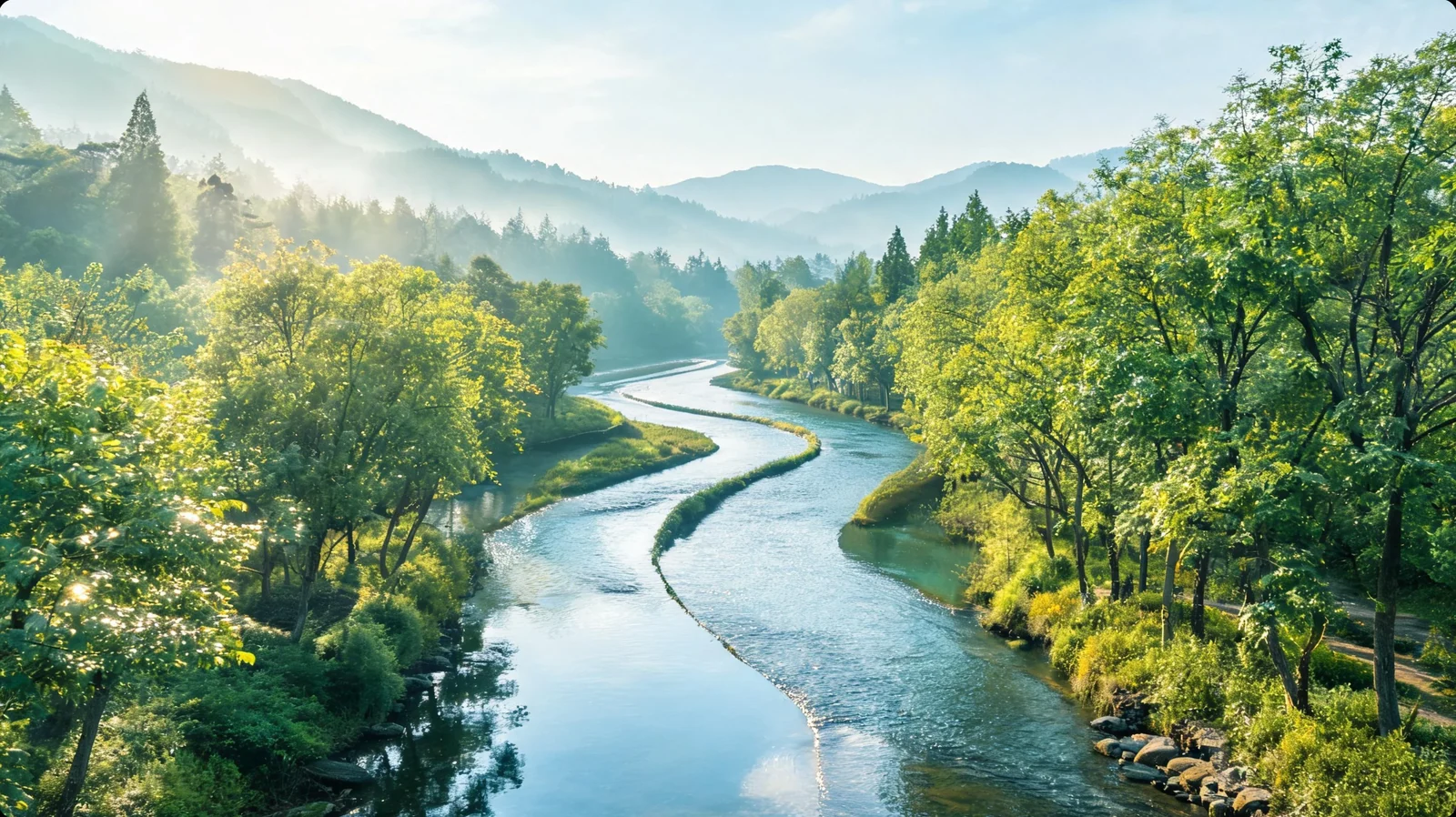 河道在林木间连续转弯向远山延伸，两岸草地沿水面形成弯曲边缘。