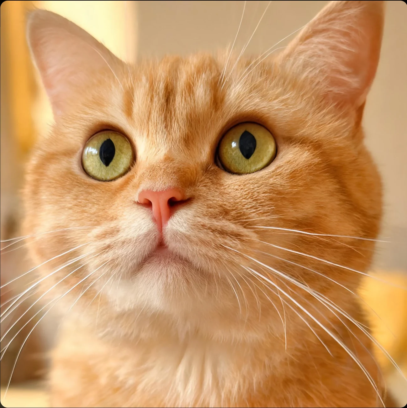 橘猫正对画面，黄绿色眼睛、粉色鼻子和白色胡须占据大部分画幅。