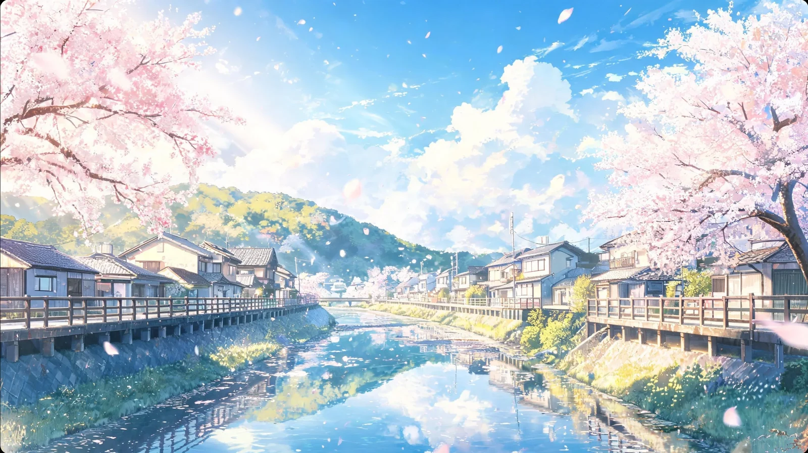 樱花盛开的河道穿过两岸民居，花瓣飘落，蓝天白云与屋舍映在水面。