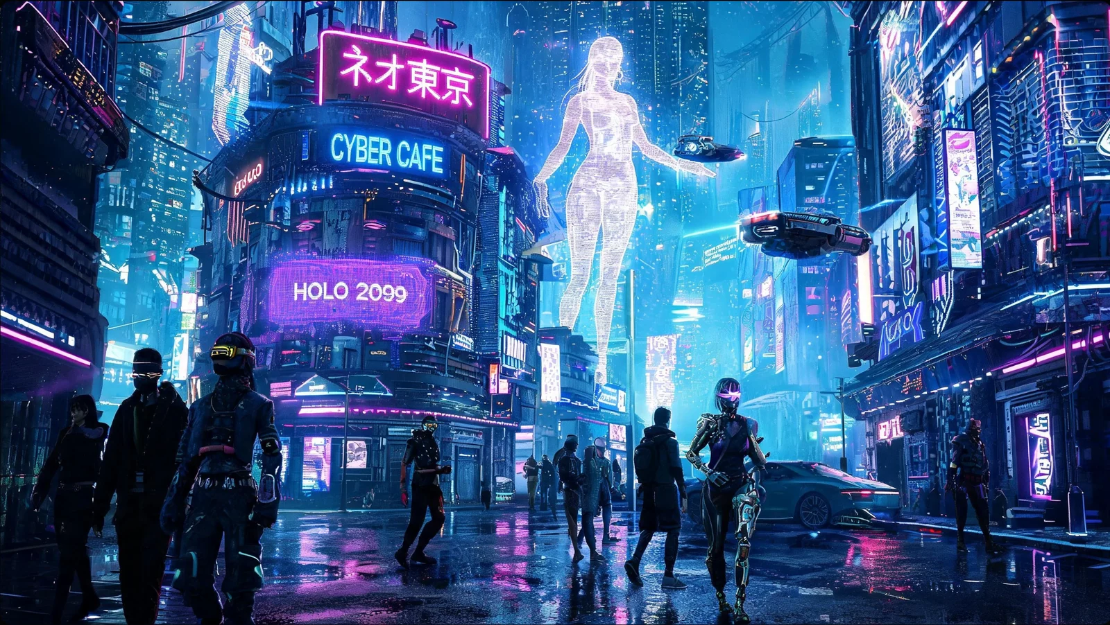 行人与机器人穿过霓虹街区，空中悬着全息人像和飞车，路面映出蓝紫灯光。