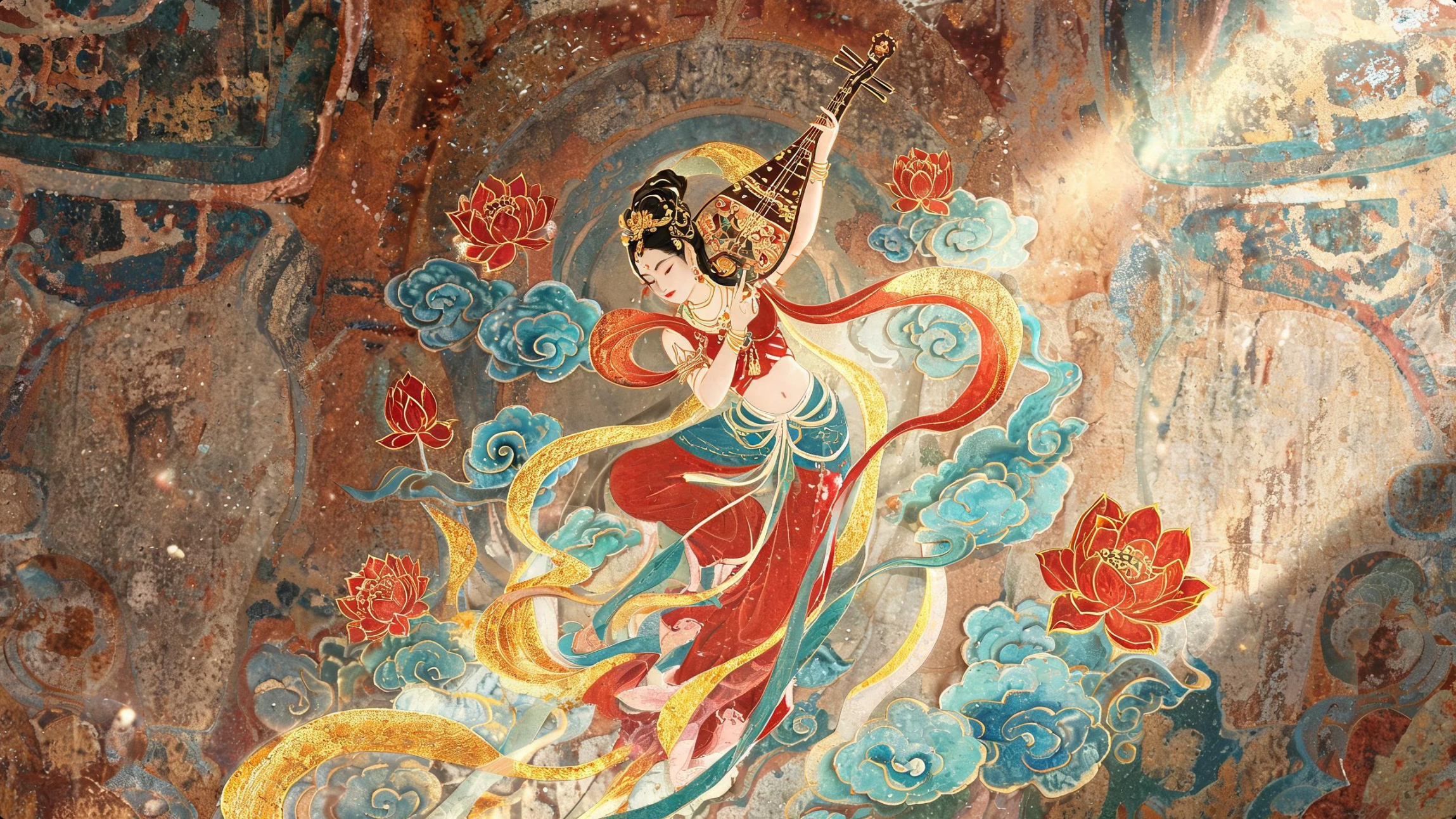 敦煌风飞天反弹琵琶，红莲与青色祥云环绕，金色飘带掠过斑驳壁画。